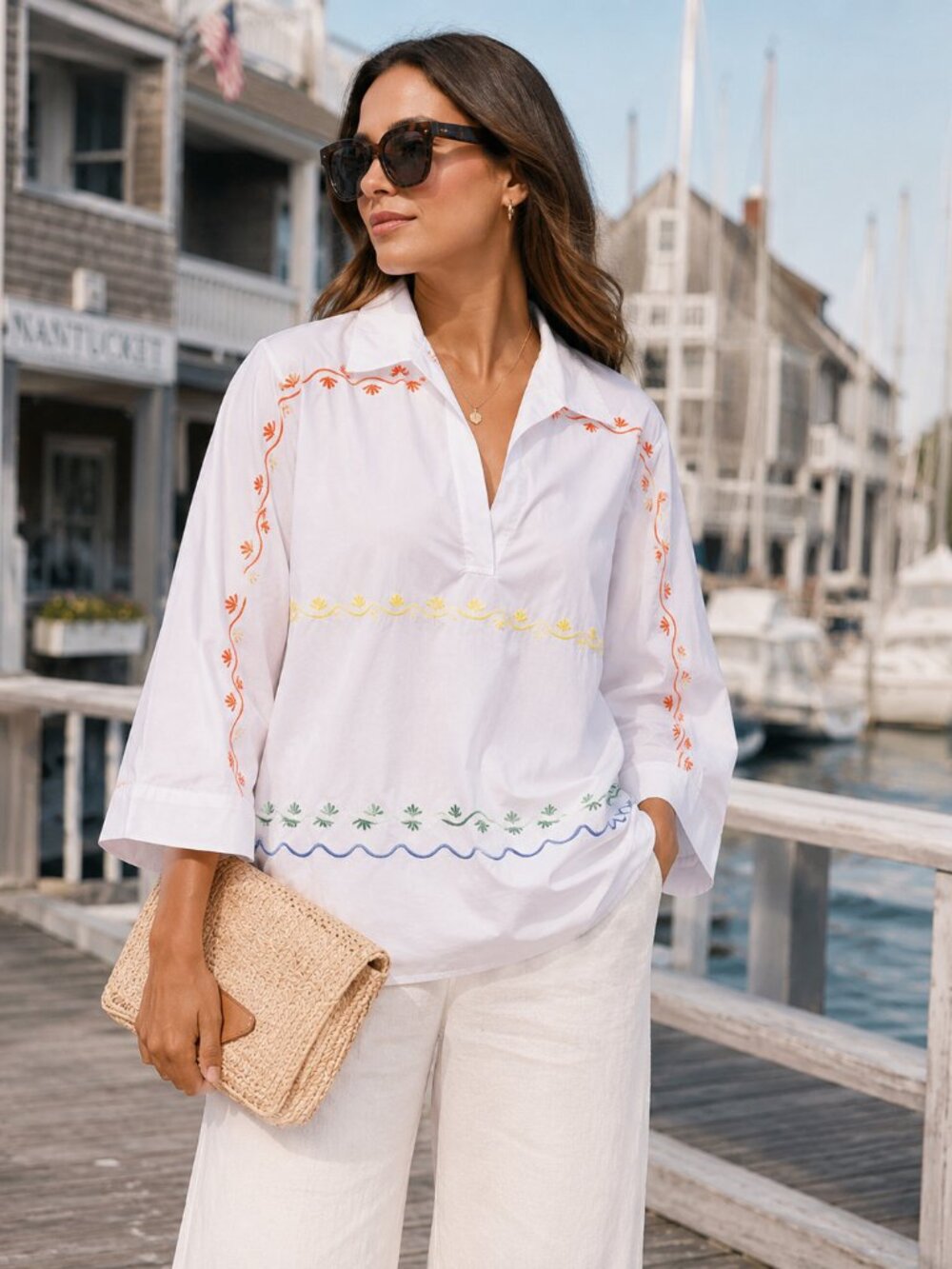 Tory Burch White Embroidered Tunic Top Coastal Preppy Nantucket Resort Blouse XS